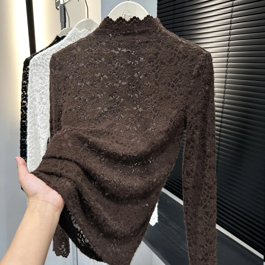 花边半高领咖色蕾丝打底衫女薄纱镂空修身设计感内搭长袖磨毛上衣