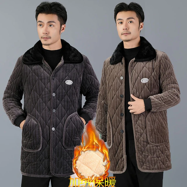 加绒加厚冬季棉衣男中老年中长款三层夹棉服防寒罩衣宽松工作省服