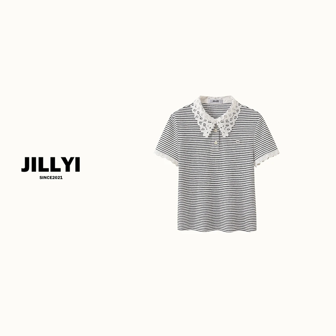 JILLYI南山店【条纹蕾丝】黑白条纹时尚蕾丝POLO领气质洋气短袖T恤