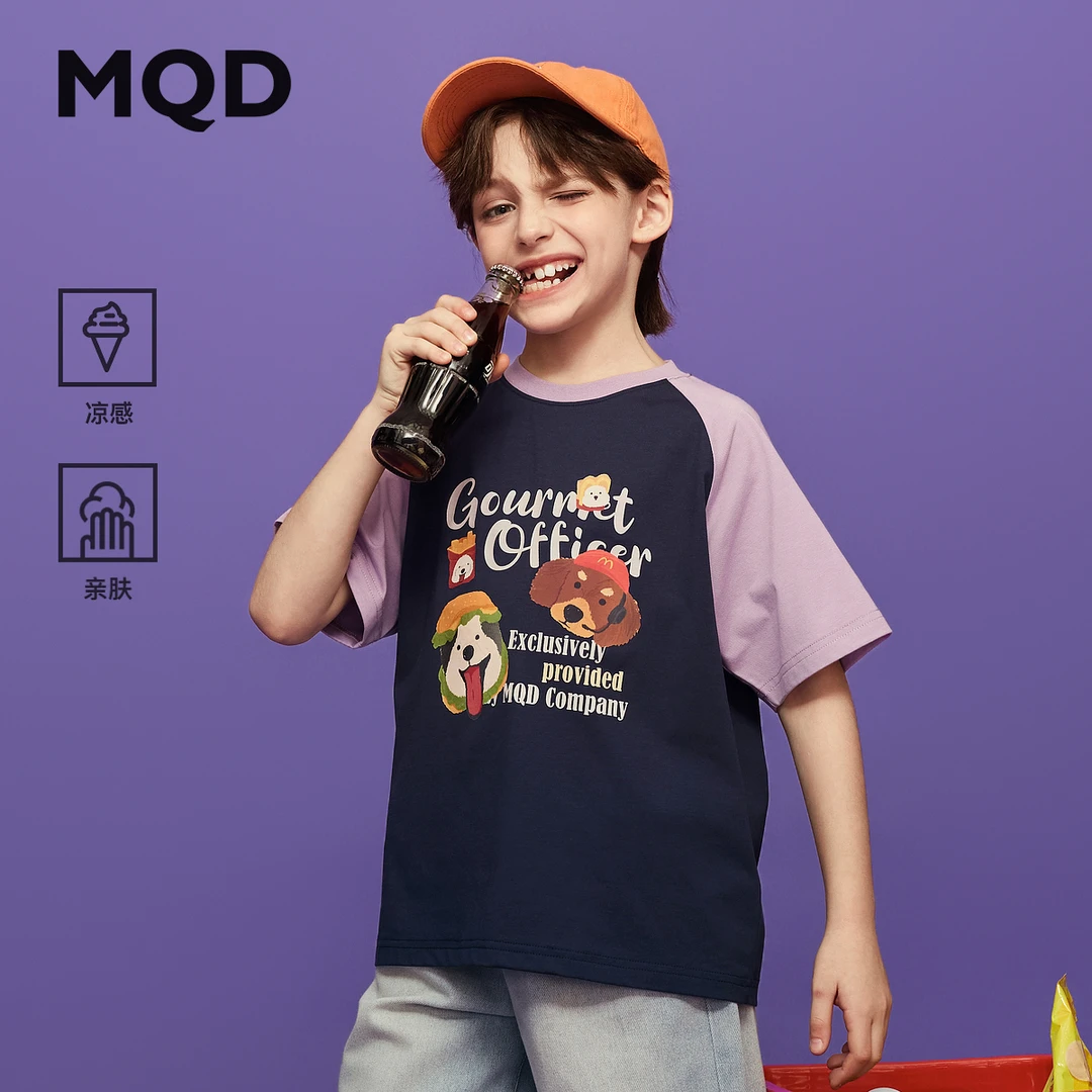 MQD童装25夏季新品学院风撞色拼接卡通休闲亲肤短袖T恤9652W0378
