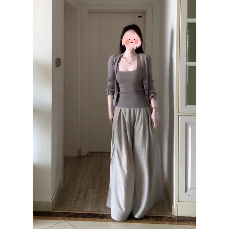 2025春秋款长袖针织上衣女三件套显瘦设计感慵懒风梨形宽松阔腿裤