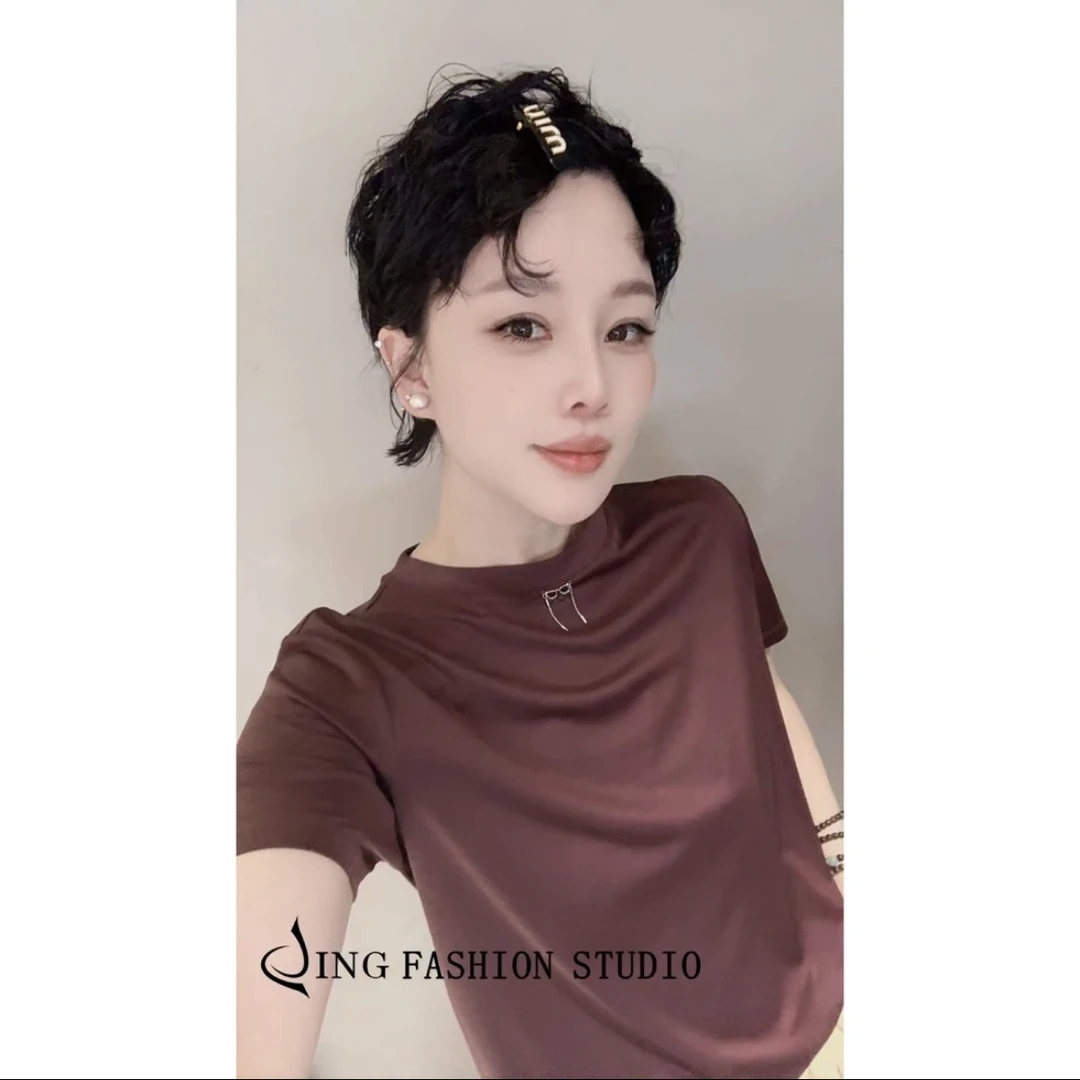 JING2025夏季新款5922简约T恤短袖休闲百搭女装上衣圆领时尚挂件