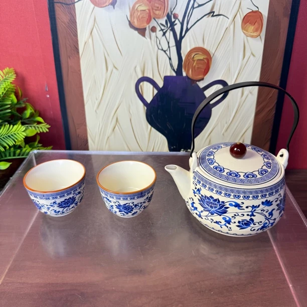 当代 宽口青花-缠枝莲提梁（一壶两杯）ZHZ046