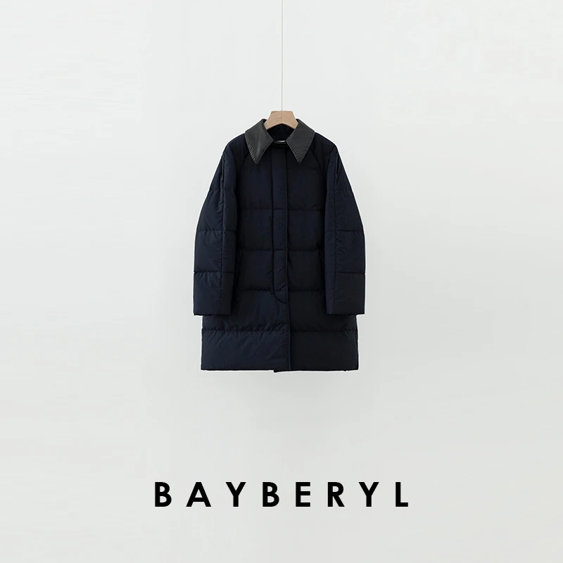 BAYBERYL老贝2.0藏青拼皮翻领排扣休闲中长冬羽绒服YRF4L2621-1/2
