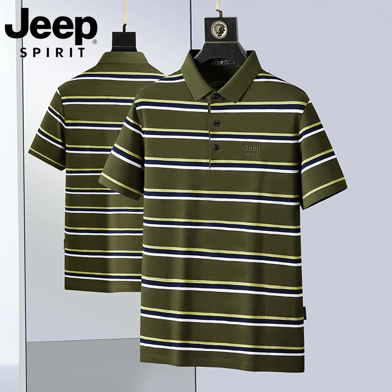 JEEPSPIRIT夏季男士商务休闲翻领条纹Polo衫纯棉薄款透气半袖T恤