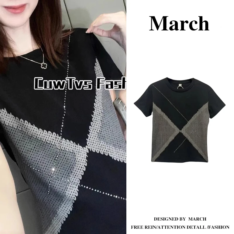 大码重工烫钻短袖T恤女2025夏季新款胖mm时尚百搭显瘦上衣-5736