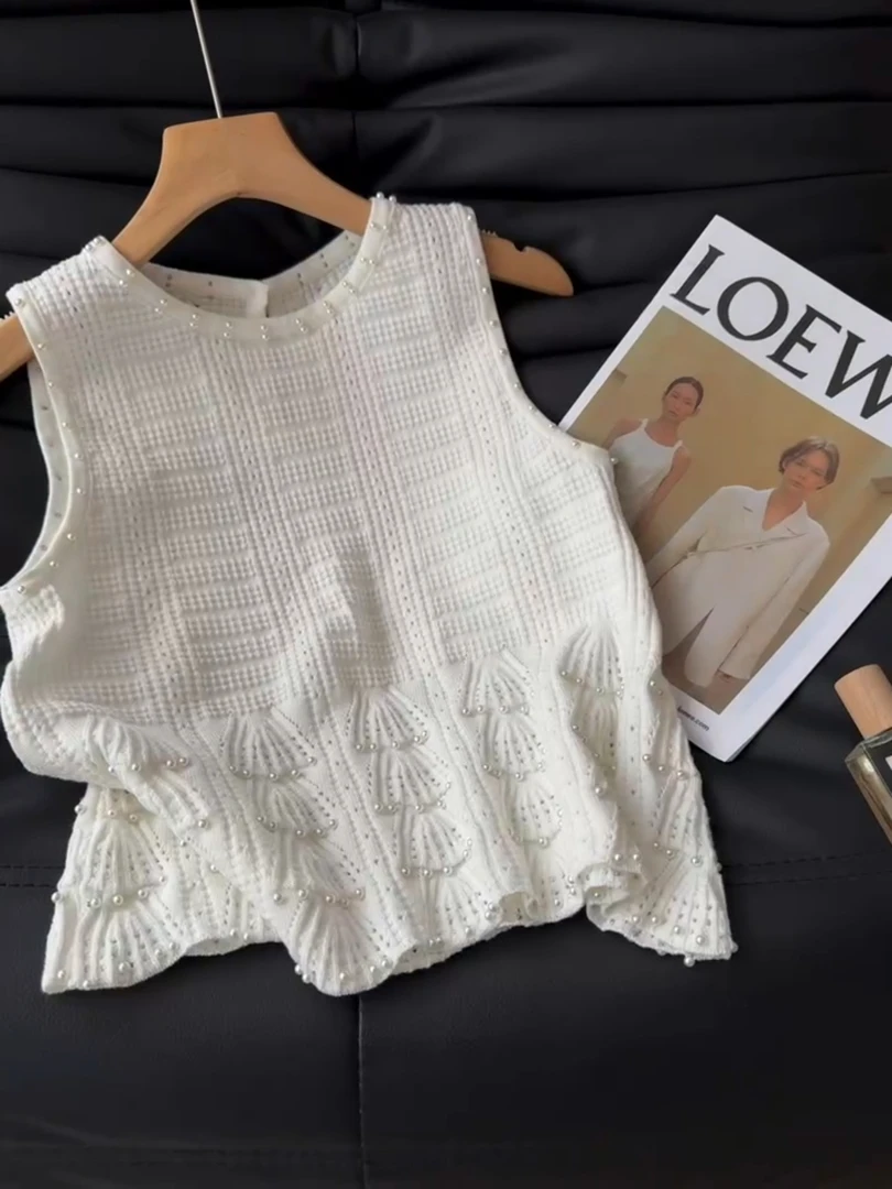 法式钉珠设计感重工针织背心女2025夏季新款百搭时尚洋气无袖上衣