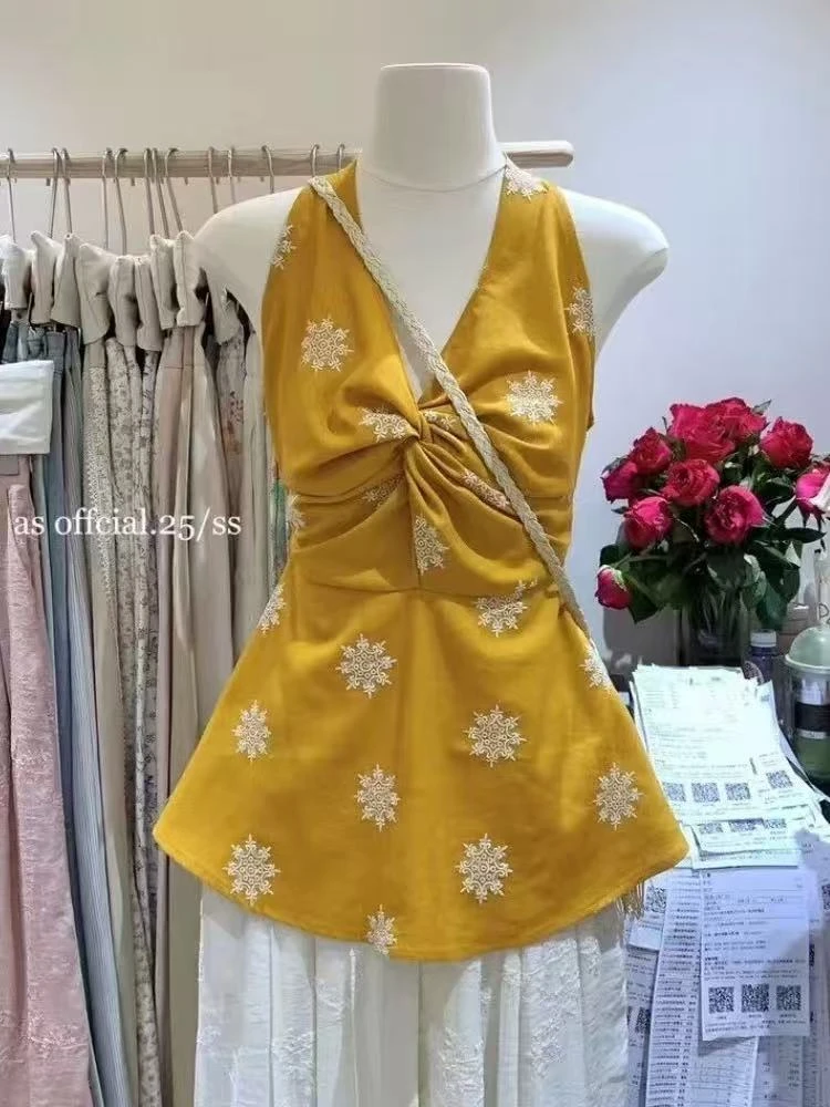 法式黄色扭结无袖吊带背心女2025夏季新款高级感纯欲收腰显瘦上衣