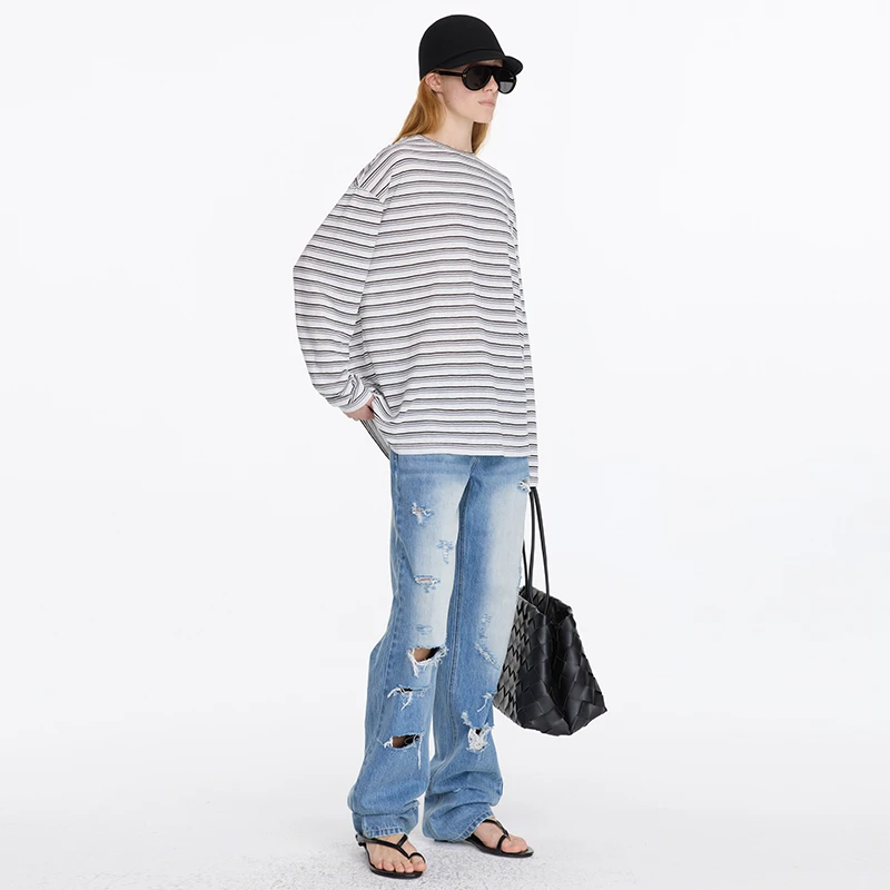 LYUOCHENG春夏高腰直筒浅蓝破洞磨白牛仔裤