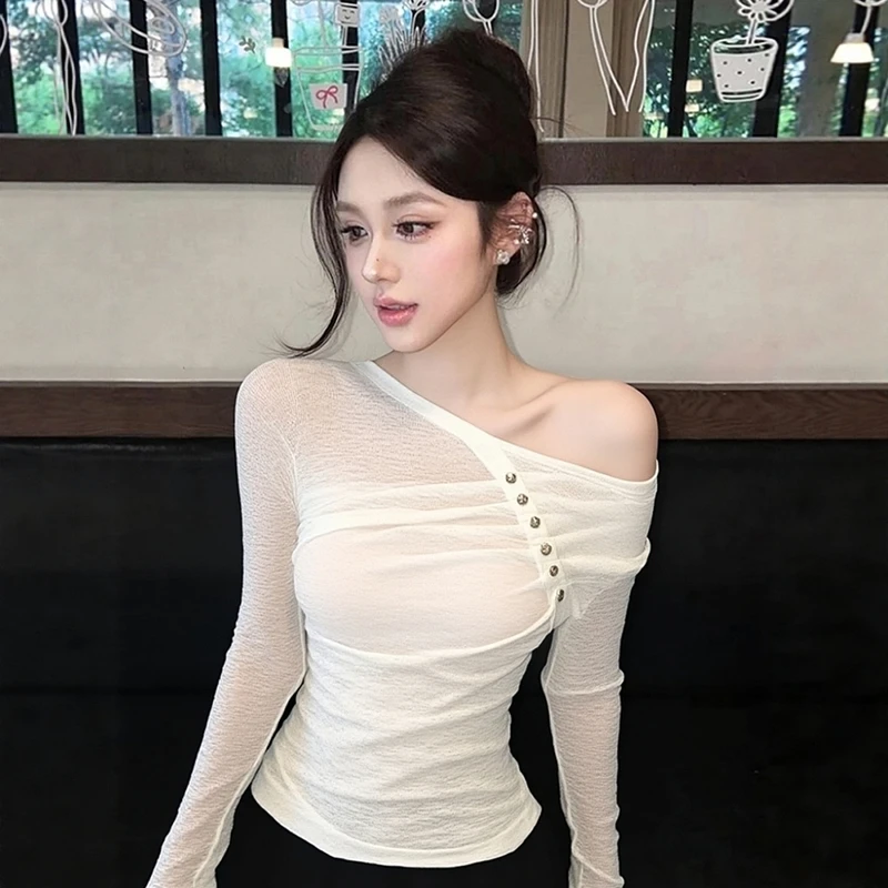 2025秋季高级感欧货洋气小众不撞衫独特别致百搭斜露肩白色T恤女