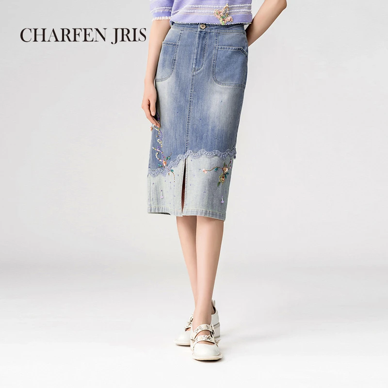 【媛媛专享】朝峰春新款高腰开叉拼接牛仔半裙FJE2G651-6075S
