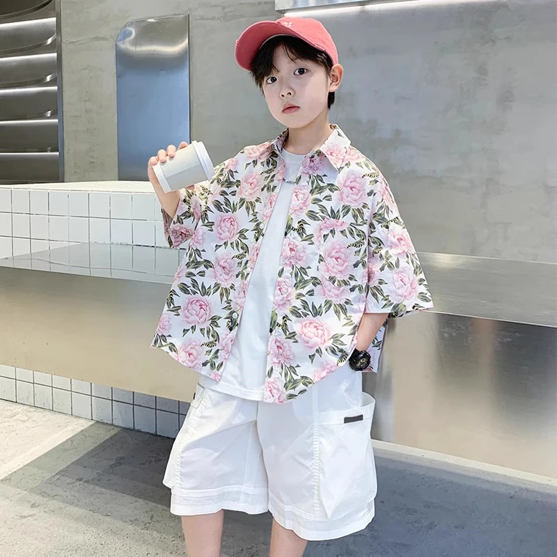 男童夏季套装2025新款洋气中大儿童夏装短袖花衬衫休闲宽松两件套