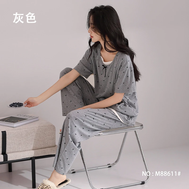 睡衣女夏季短袖长裤套装假两件时尚家居服女蝴蝶结波点睡衣女套装