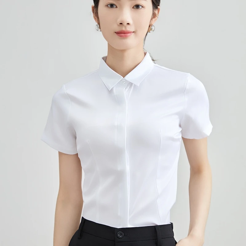 弹力女士白色短袖衬衣V领/方领可选夏季职业正装修身显瘦版型偏小