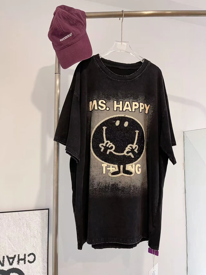 【清仓现货】2025夏季款happy字母水洗质感亮片T恤3861