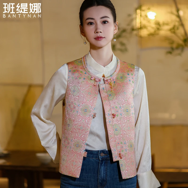 外搭民族风女装马夹上衣圆领复古盘扣坎肩绣花马夹新中式马甲