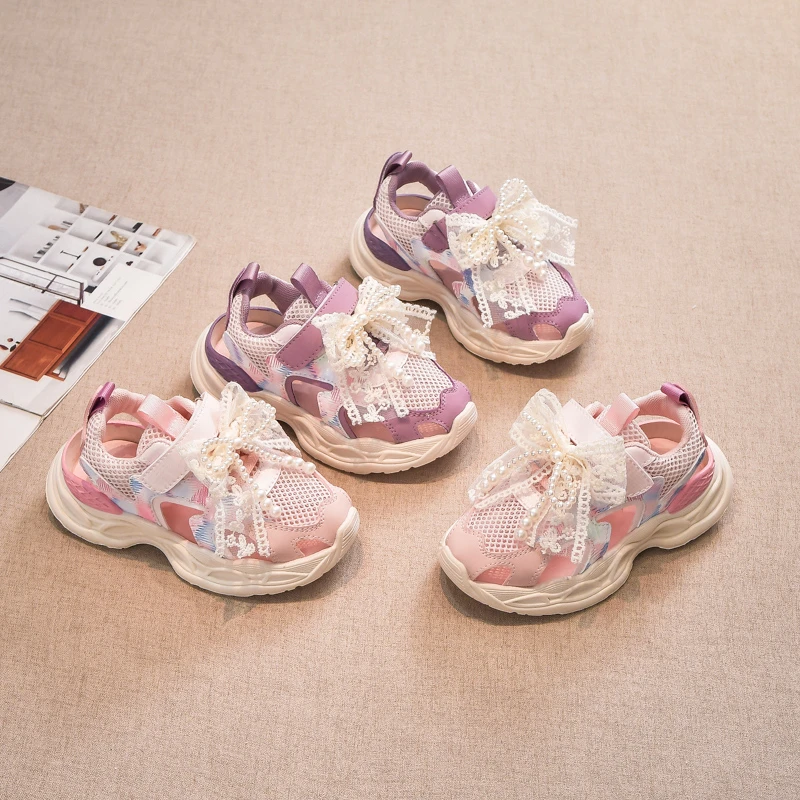 女童凉鞋鞋子包头2025新款夏季儿童镂空运动蝴蝶结小童珍珠单网鞋