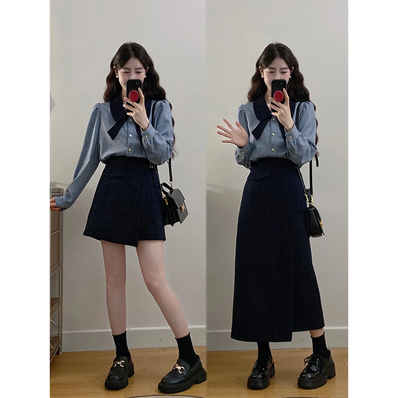 大码胖mm韩系通勤风宽松长袖衬衫+高腰遮肉a字半身裙裤裙秋季套装