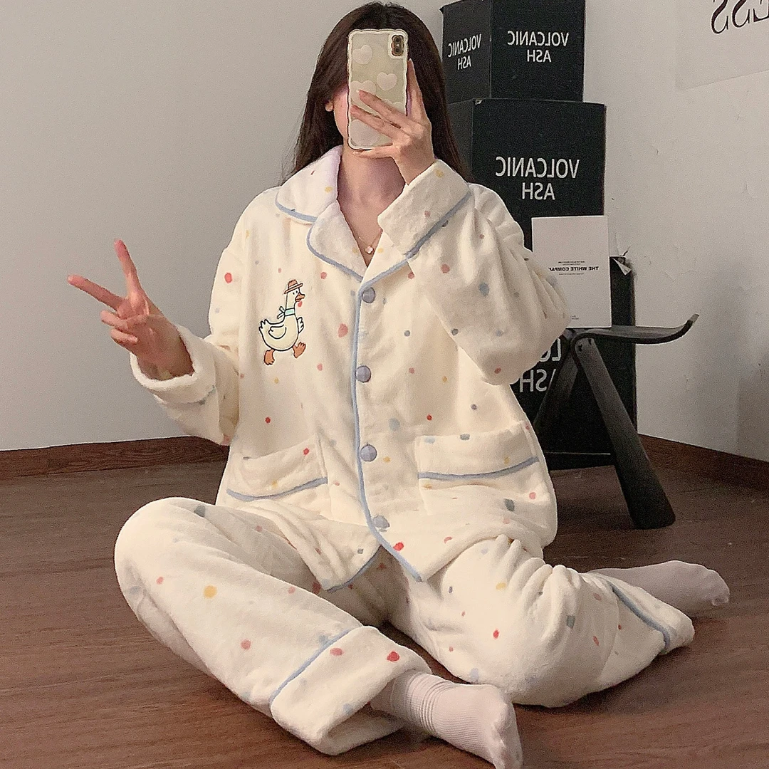 2025新款睡衣女冬季法兰绒加绒加厚秋冬天保暖开衫卡通家居服套装