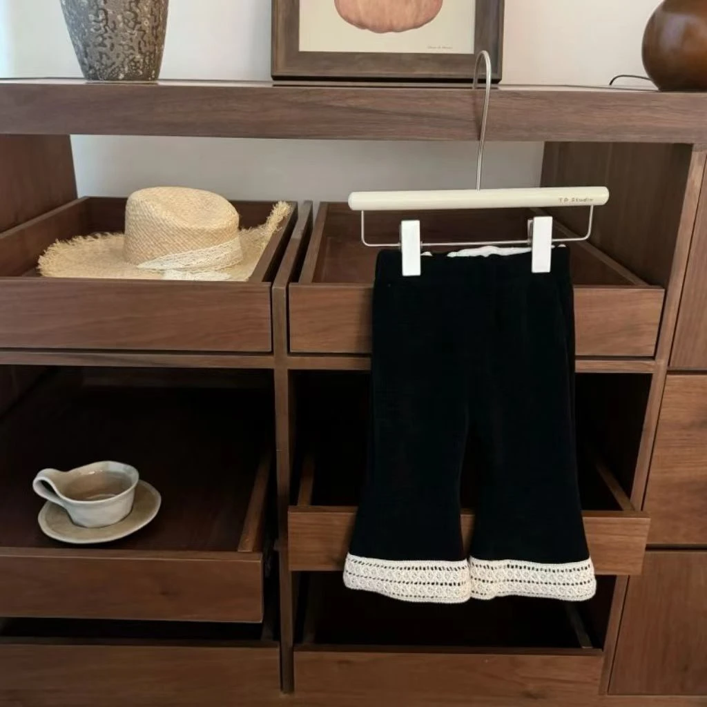 女童2025年冬装新款女宝甜美灯芯绒黑色微喇裤子一体绒长裤休闲裤