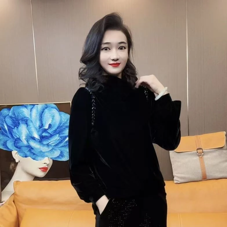 【峰姐甄选】时尚串珠立领丝绒衫86396【QJ】