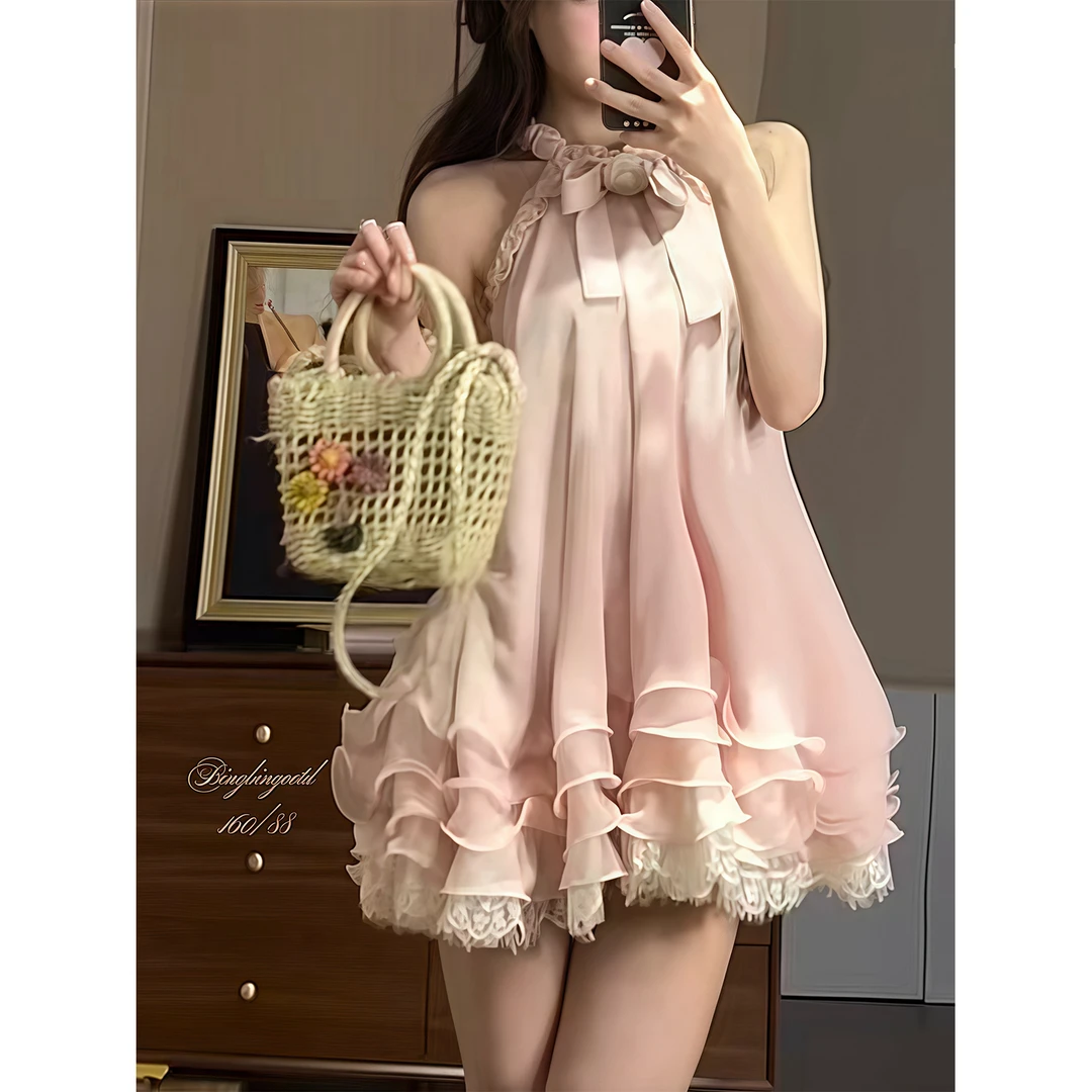 幕间玫瑰夏季公主千金风纯欲小众原创荷叶边挂脖连衣裙甜美连衣裙