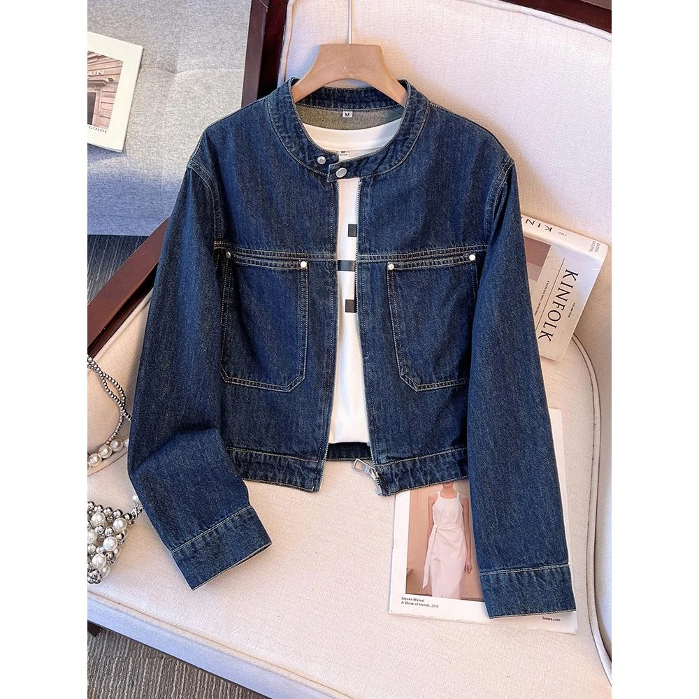 送运费险丹宁圆领牛仔外套女短款2025年开春秋季新款拉链夹克