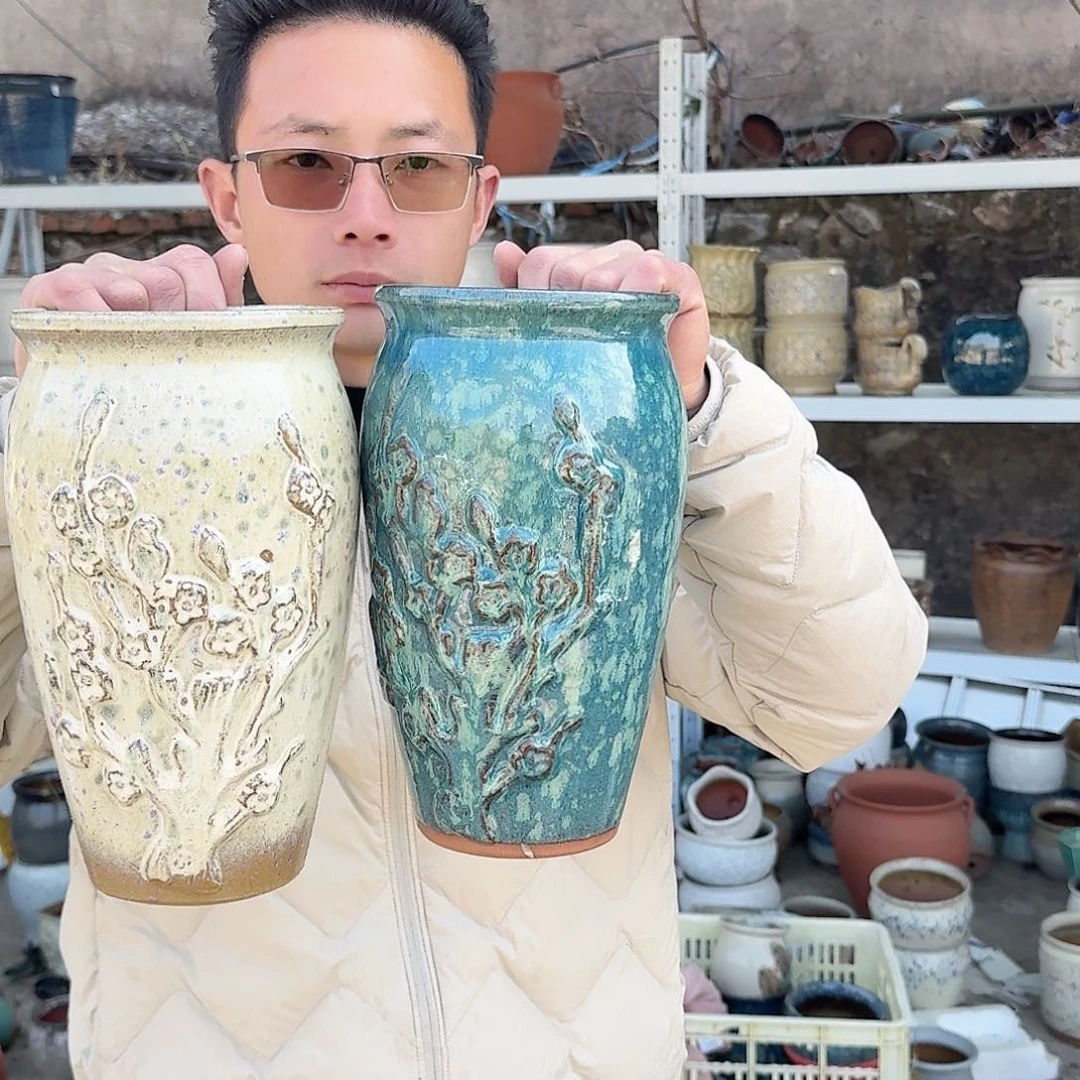 紫砂花盆口14.5高26(两个喜上眉梢