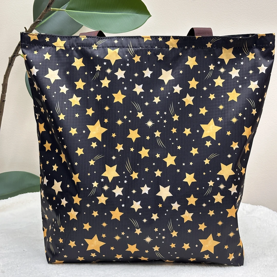 45x40cm 时尚气质大号防水拉链折叠购物袋托特包   黑色星星