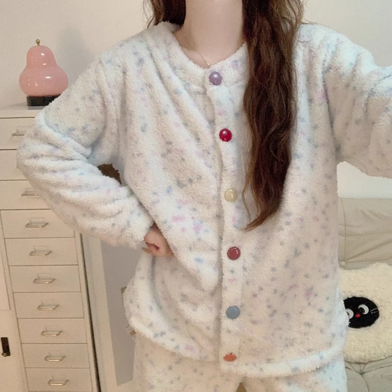 韩系简约风半边绒睡衣女秋冬季新款加厚珊瑚绒保暖甜美家居服套装