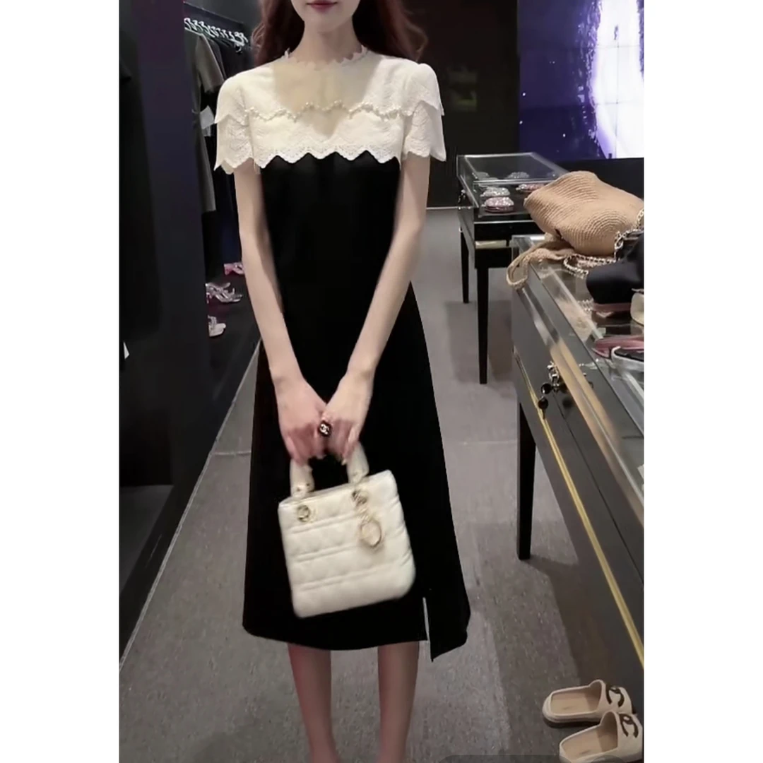 春夏新款设计刺绣蕾丝钉珠假两件裙子女装高定收腰显瘦气质连衣裙