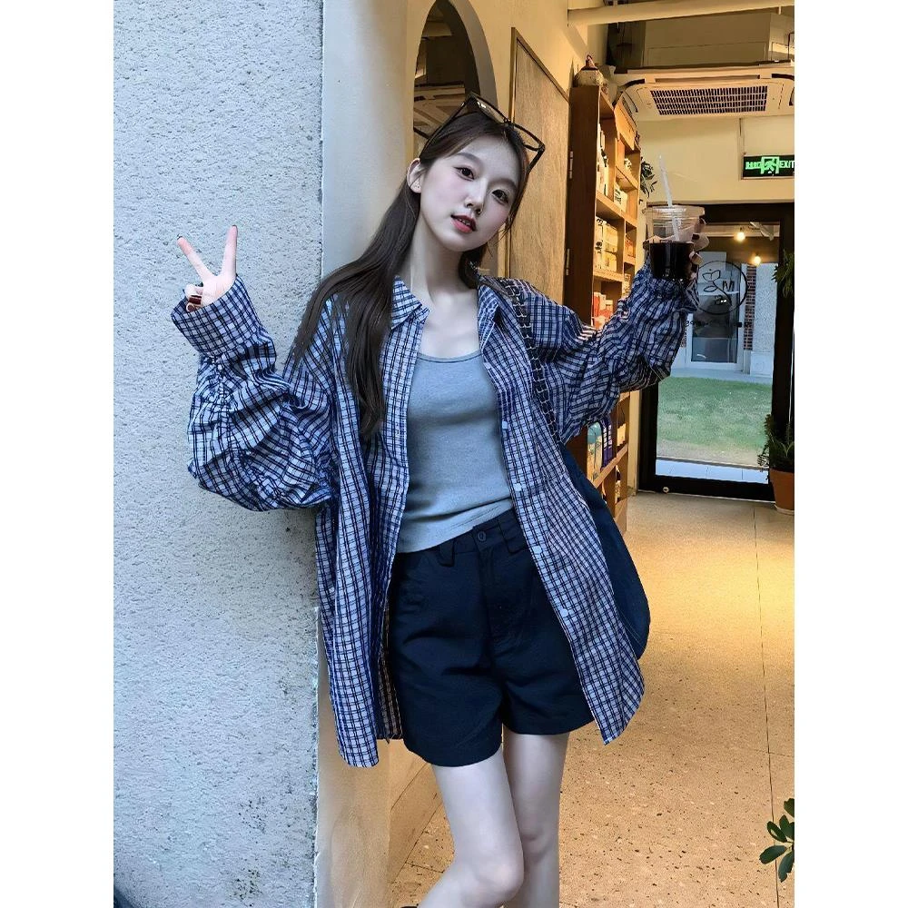 法式蓝色格子衬衫外套女2025新款超好看独特漂亮衬衣开衫防晒上衣