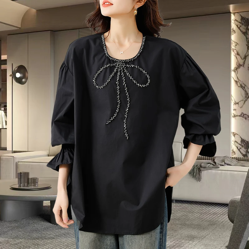 法式黑色衬衫2025早秋季新款大码宽松休闲设计感钉珠蝴蝶结上衣