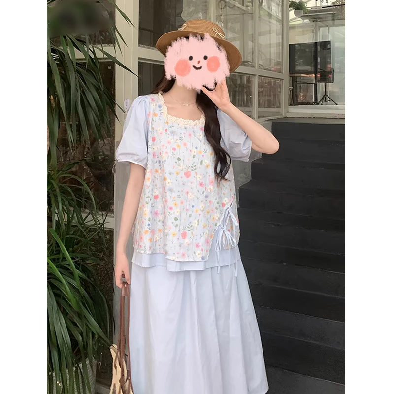 大码法式拼接假两件碎花短袖衬衫半身裙两件套3061#