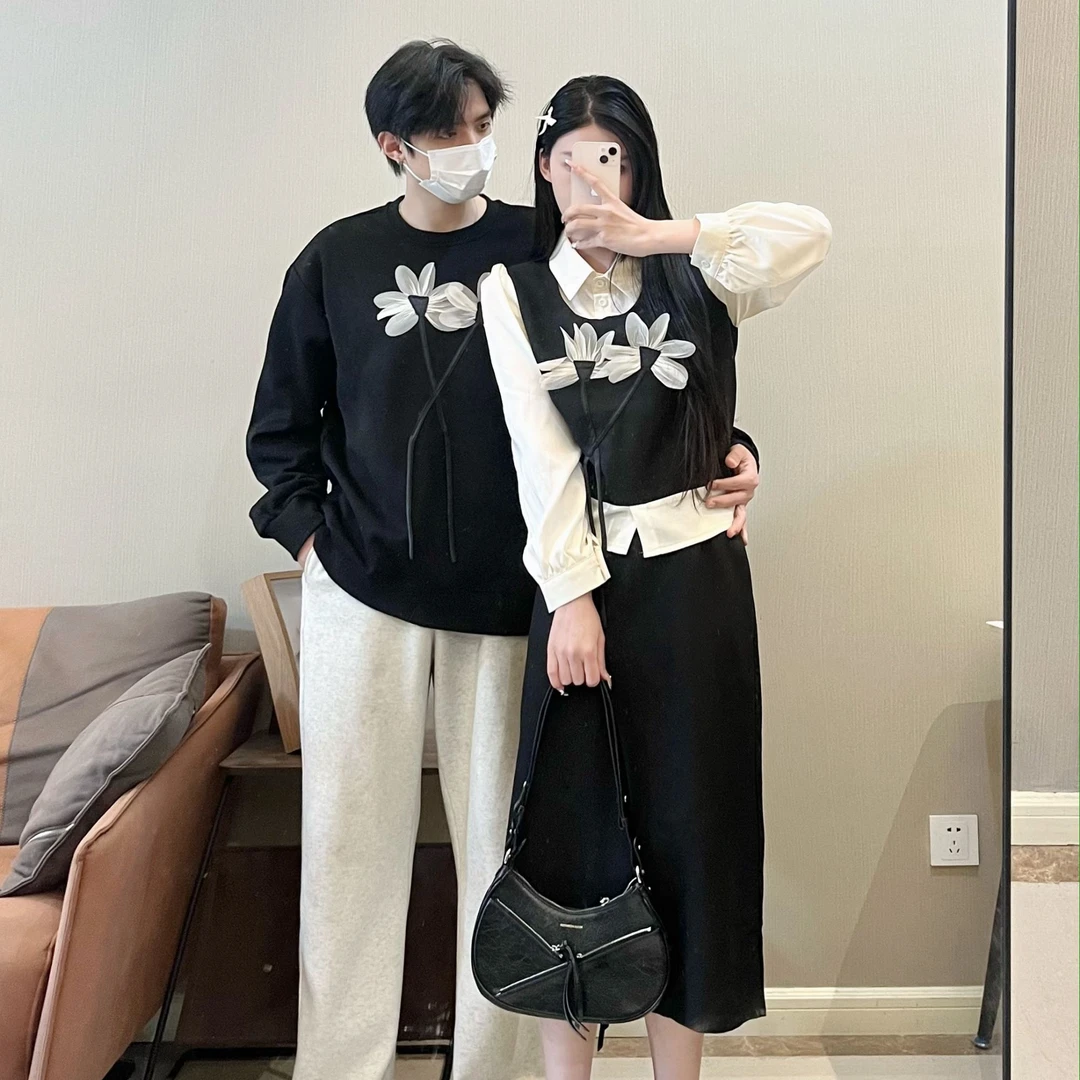 情侣装春季立体植物花卉卫衣假两件宽松气质长袖减龄休闲时尚套装