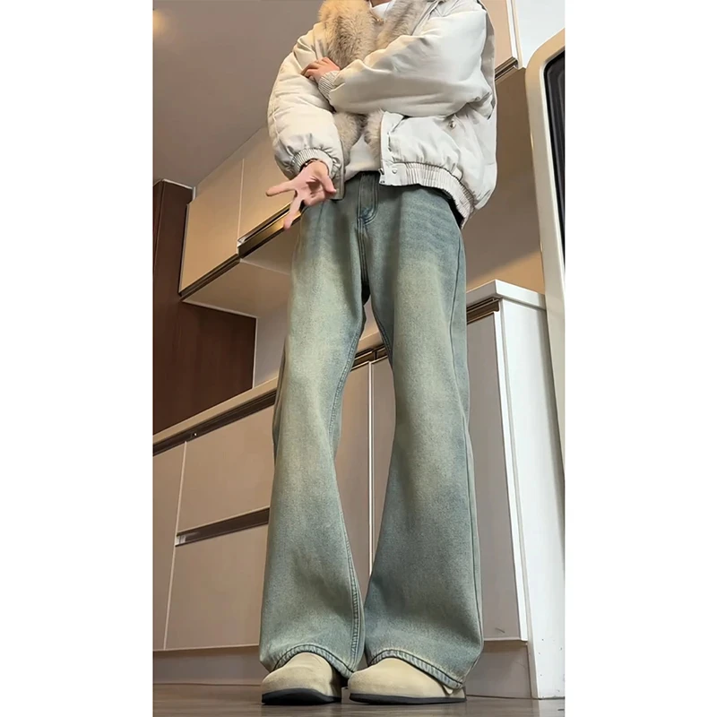 cleanfit复古蓝加绒牛仔裤男秋冬季水洗高个子提档裤子直筒微喇裤