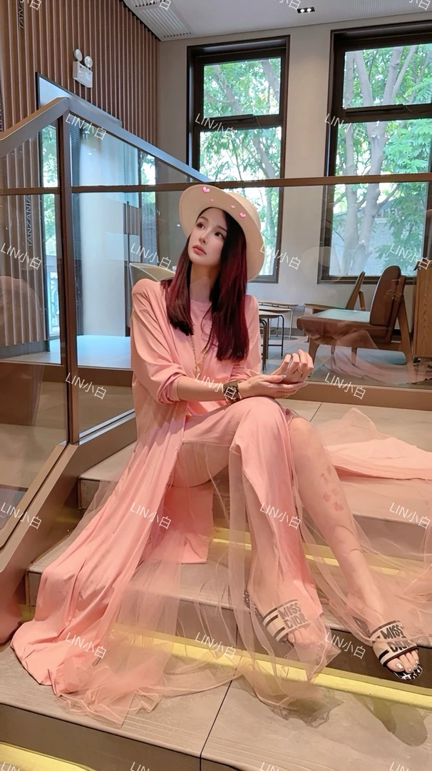 LIN小白【摇曳的裙摆】度假风网纱拼接大裙摆连衣裙2615