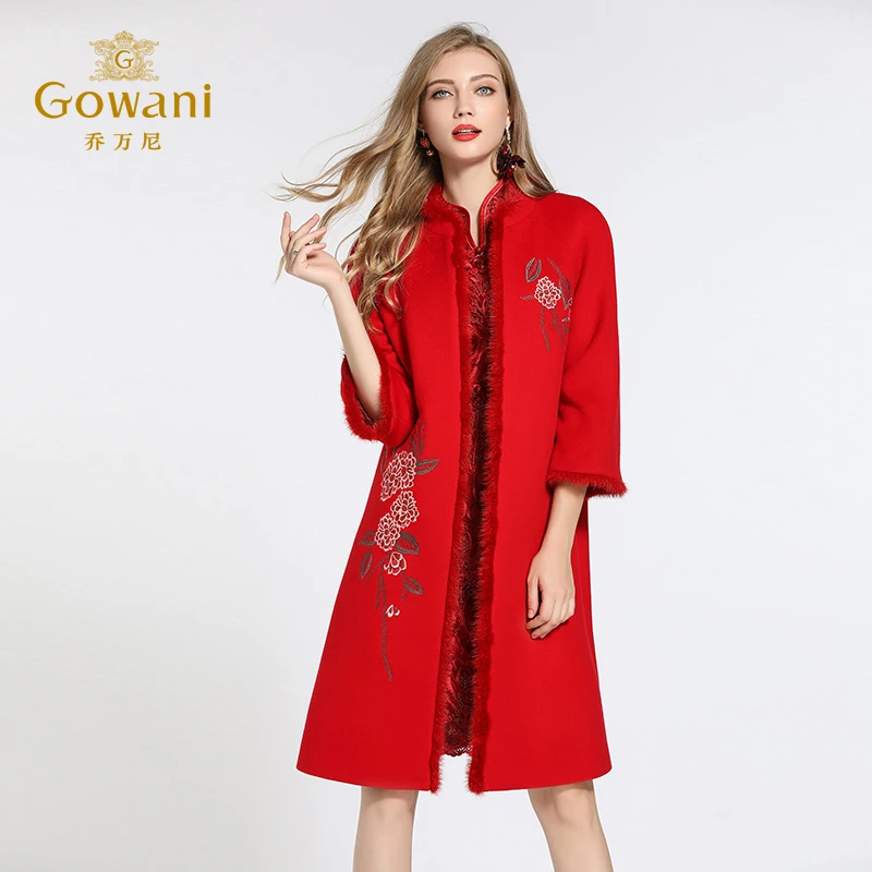 【高级羊绒】乔万尼羊绒大衣女新款红色绣花直筒外套女加厚EB4A031