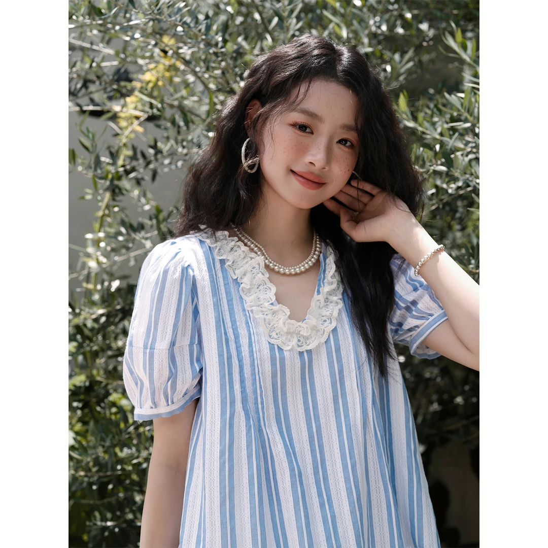 谜秀蓝白条纹棉质小衫 蕾丝领口灯笼袖A摆显瘦通勤夏上衣气质蓝色
