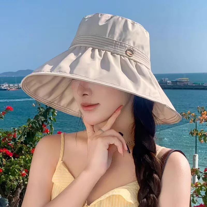 防晒帽子女夏季海边大帽檐防紫外线太阳帽韩版透气遮阳遮脸渔夫帽