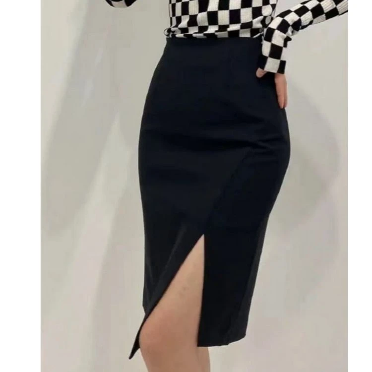 AMASS/阿玛施新款轻职场中长小黑裙优雅开叉包臀裙半身裙5200375