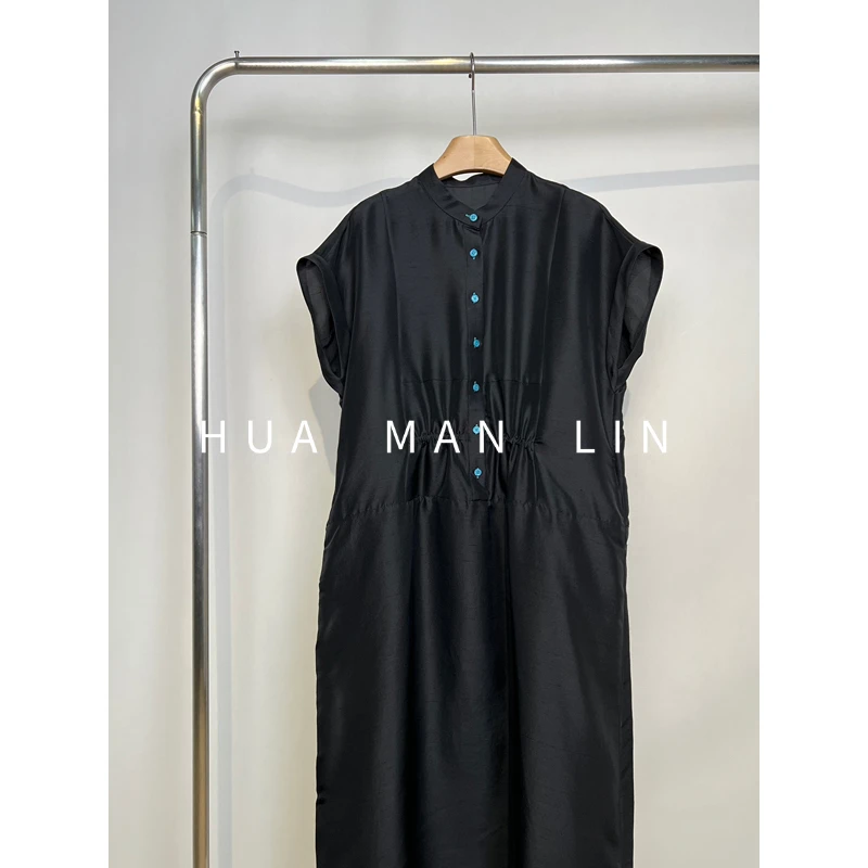 【花满林】小立领正门襟彩扣腰部抽褶双宫桑蚕丝连衣裙252187