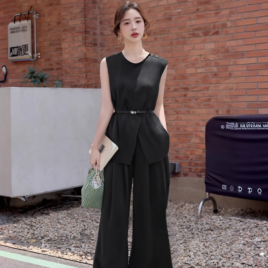 B【两件套】高级感气质显瘦收腰上衣+高腰阔腿裤两件套套装D2007