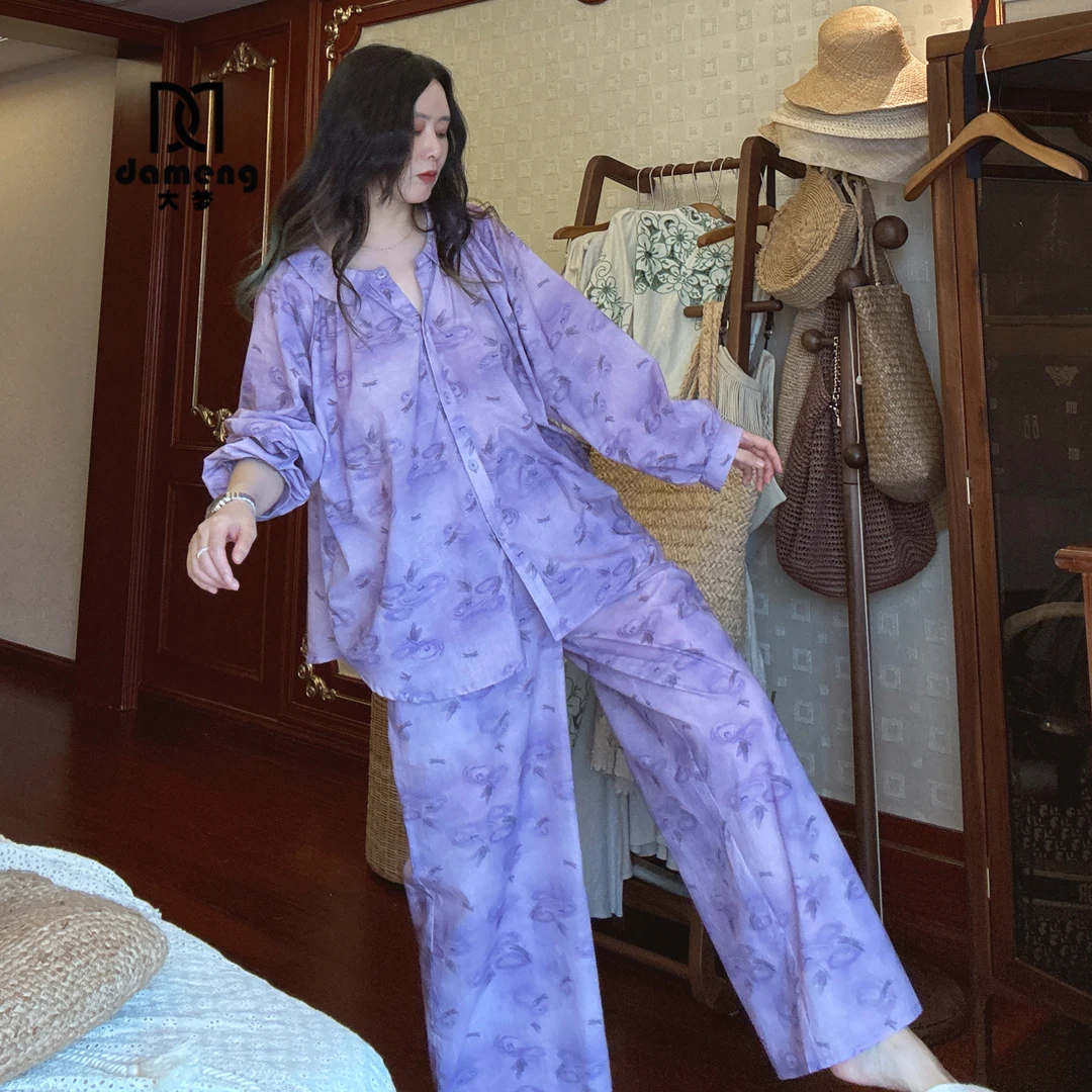 大梦睡衣女春秋季长袖法式纯棉全棉长裤家居服套装休闲大码可外穿