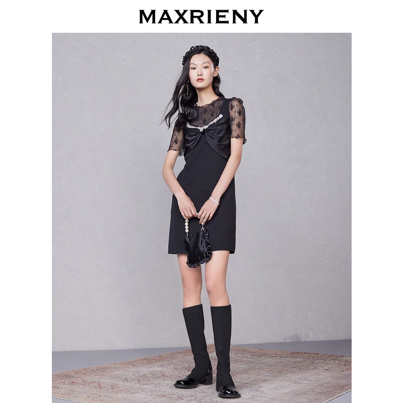 【高高甄选】MAXRIENY蝴蝶结背带短裙夏季泡泡袖连衣裙小黑裙