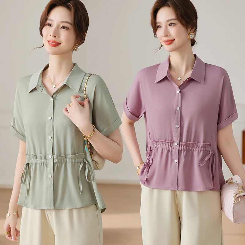 中老年女装2025新款上衣服中年妈妈夏装短袖衬衫T恤套装洋气衬衣