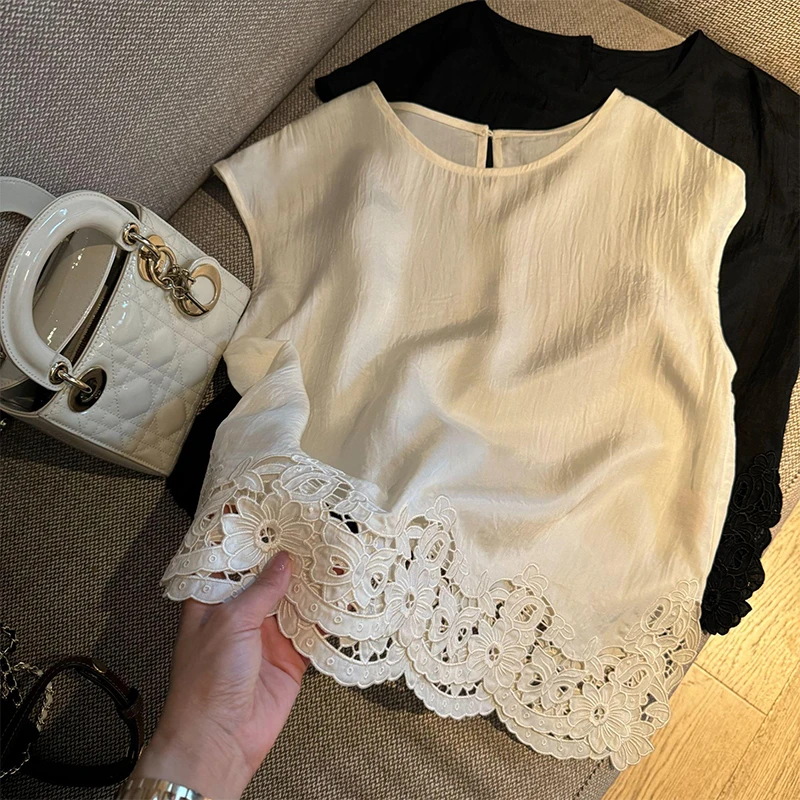 2025夏季高定肌理感花边下摆设计感镂空纯色通勤百搭短袖T恤上衣