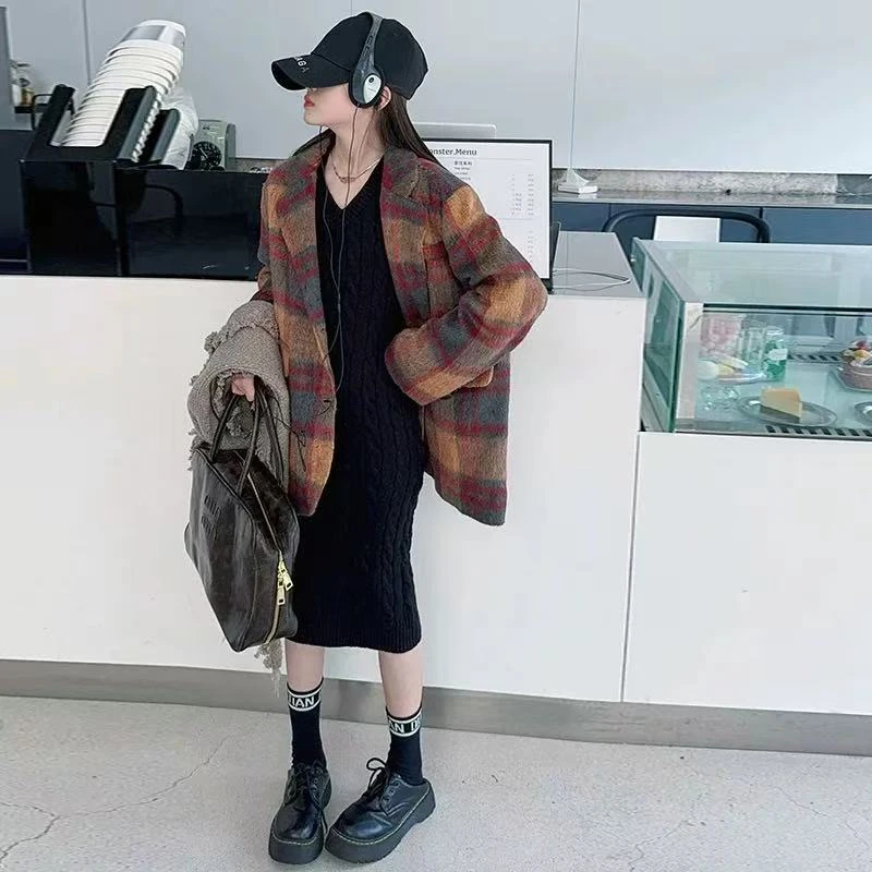 607#衣长69女常规款秋冬毛呢外套双面毛呢韩版中长款格子呢大衣