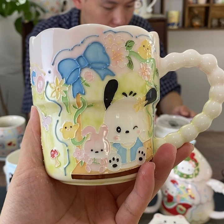 小***z瓷片玉泥杯碟奶茶熊猫景德镇釉下彩手绘