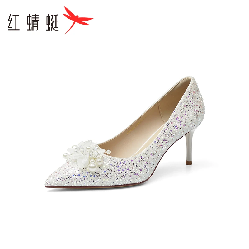 红蜻蜓高跟鞋2025新款尖头细跟女鞋法式气质单鞋女白色新娘结婚鞋